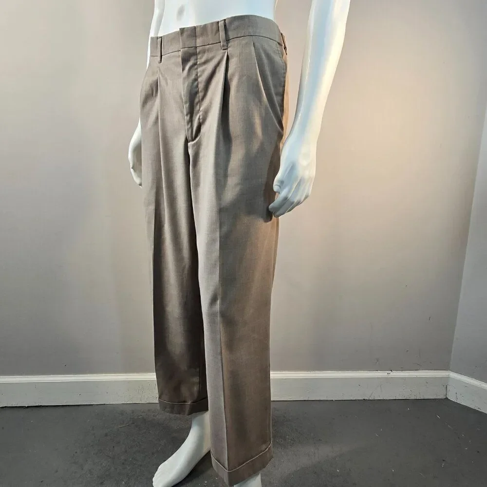 Haggar Dress Pants Mens 38 x 27 Beige Classic Fit Pleated Front Cuffed Adj Waist